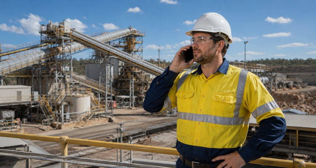 A mine-site worker in hi-vis and hard hat speaking on a mobile phone at a processing plant.