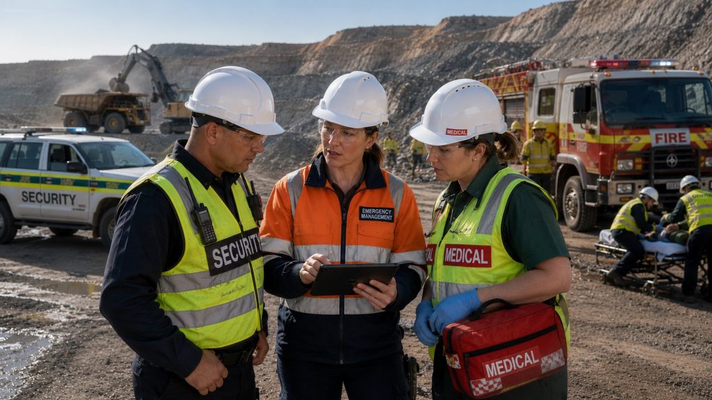 SEM Global advisory team in hi-vis and hard hats on an industrial mine site.