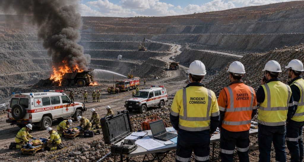 Mine-site emergency exercise with incident command, fire crews, ambulances and medics responding at an open-pit operation.