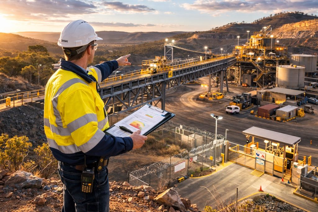 A SEM Global advisor in hi-vis and hard hat surveying a mine site, pointing across the operation.